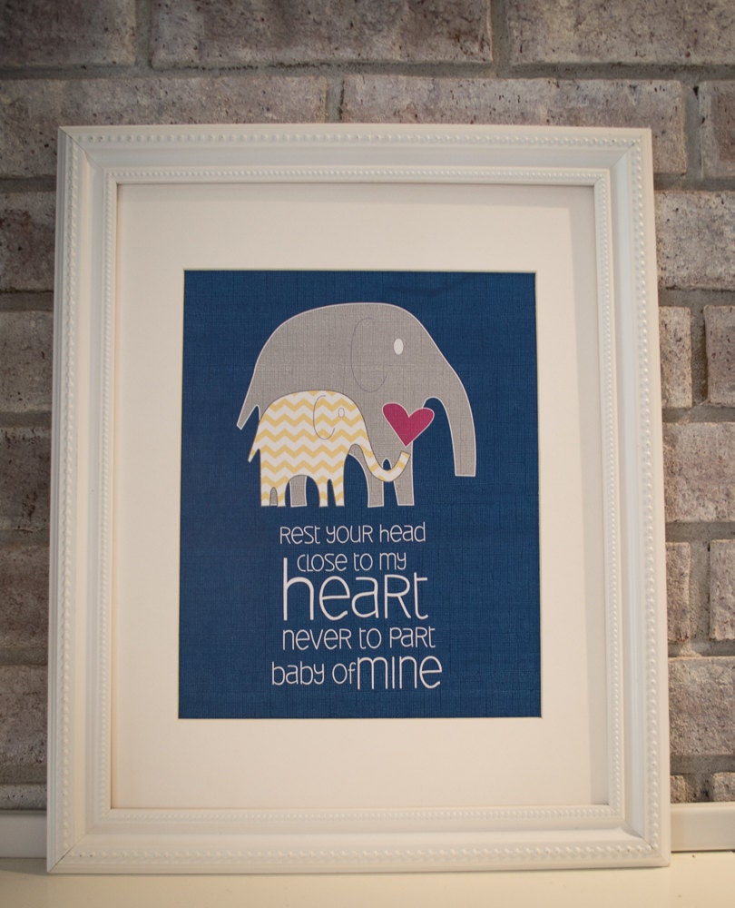 8x10 nursery print baby mine elephants in navy, gray and yellow chevron