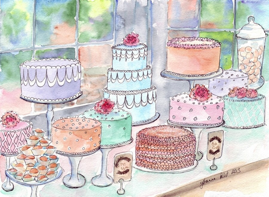 11x14 Print Cakes Sweets Watercolor Painting - Colorful Food Illustration Still Life Watercolor Painting - 11x14 Print