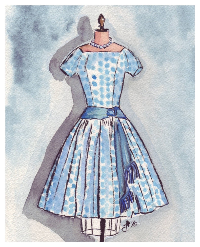 Watercolor Painting - Vintage Fashion Watercolor, Blue Polka Dot Vintage Dress Art Print, 8x10