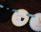 Baby Mickey Mouse Inspired. Just Born/0-12 mos Picture Hanging Banner. Blue and Yelllow. First Birthday Banner. Mickey Photo Banner.