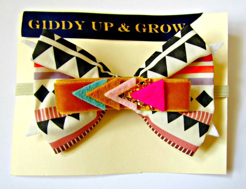 Baby Bow Headband - Aztec fabric headband with geometric center, SUMMER