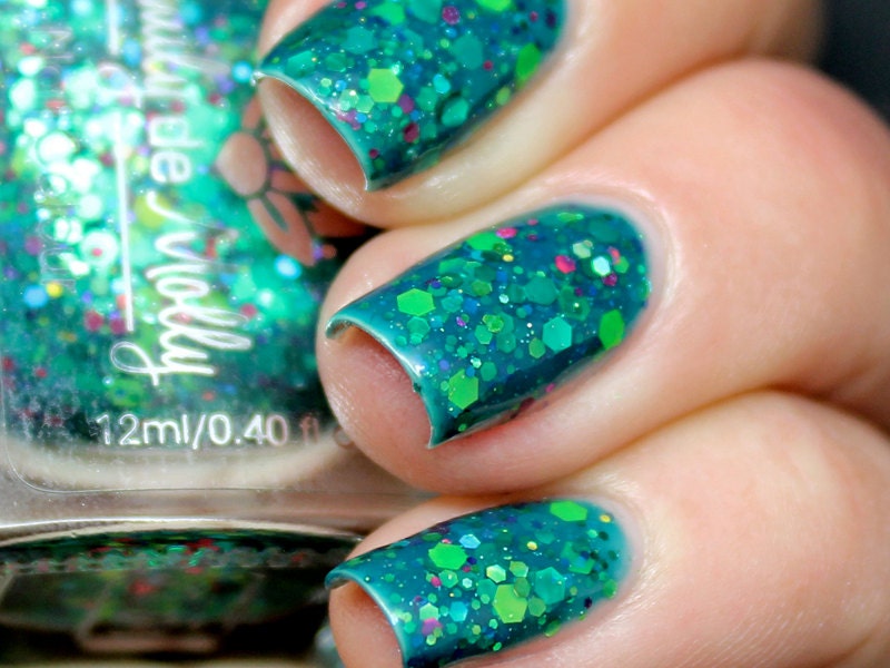 Nail polish - "Monet's Garden"  green, lime, neon glitter in a green base