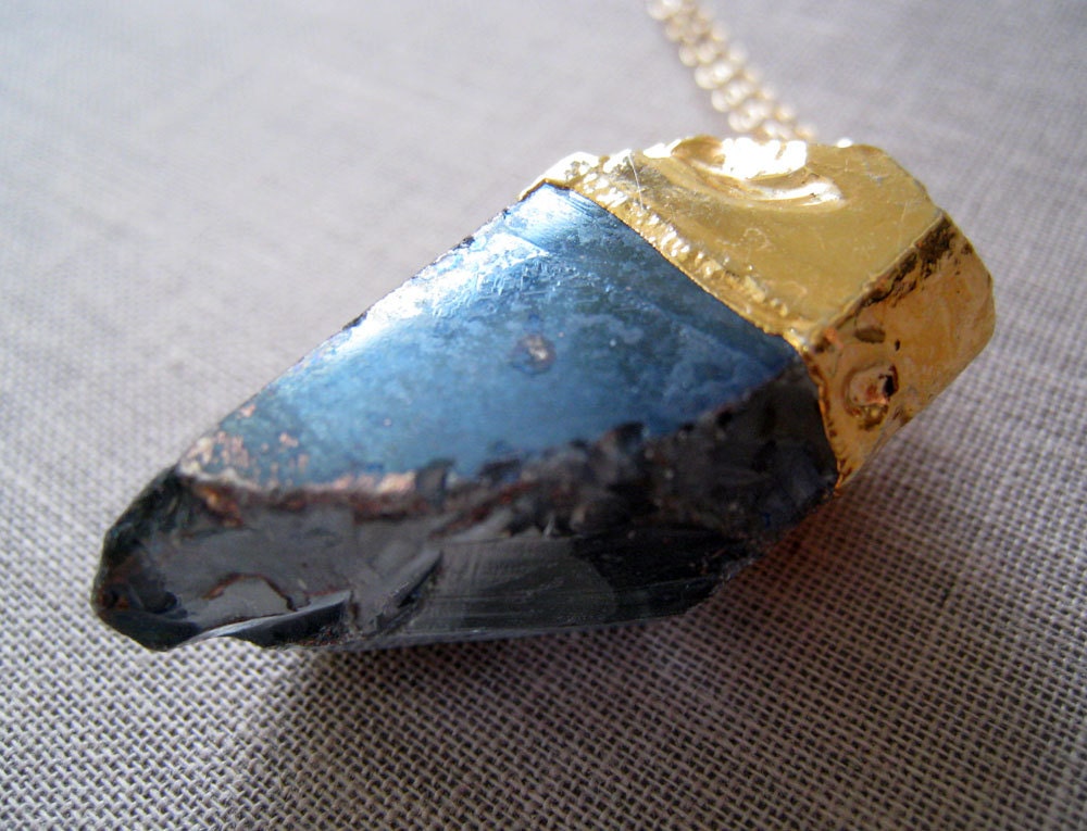 Labradorite point necklace, druzy pendant, gold dipped, titanium labradorite necklace, charcoal grey