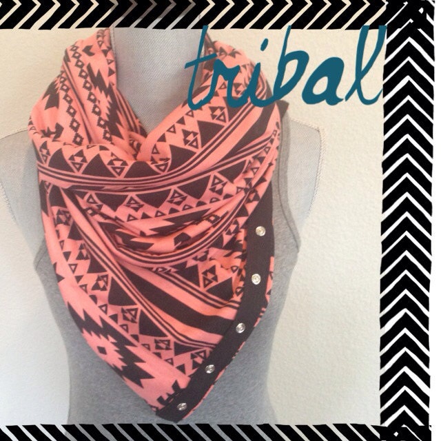 Coral and black tribal print snap scarf