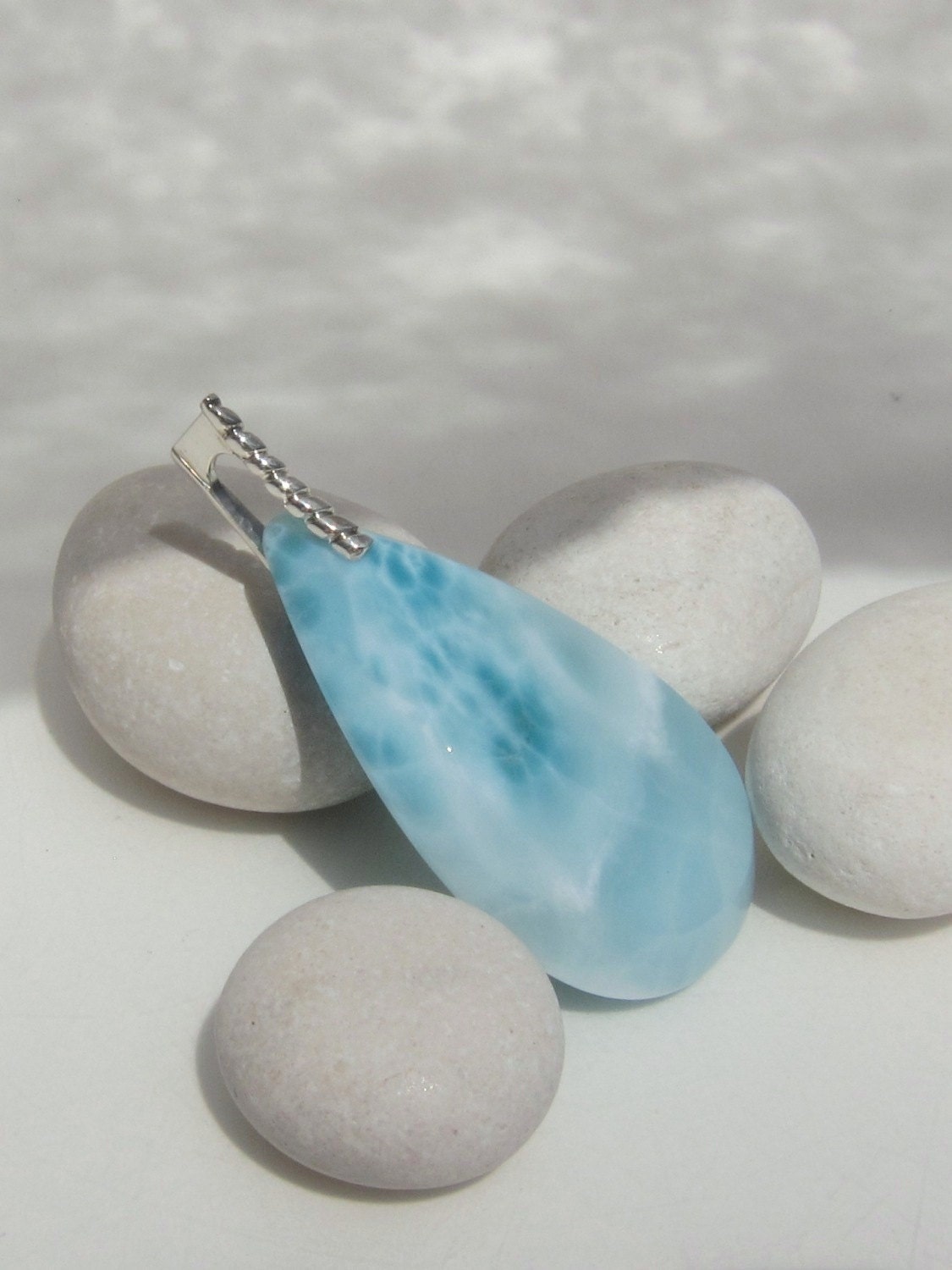 Larimar pear pendant, The Last Unicorn - magical snow blue Larimar teardrop