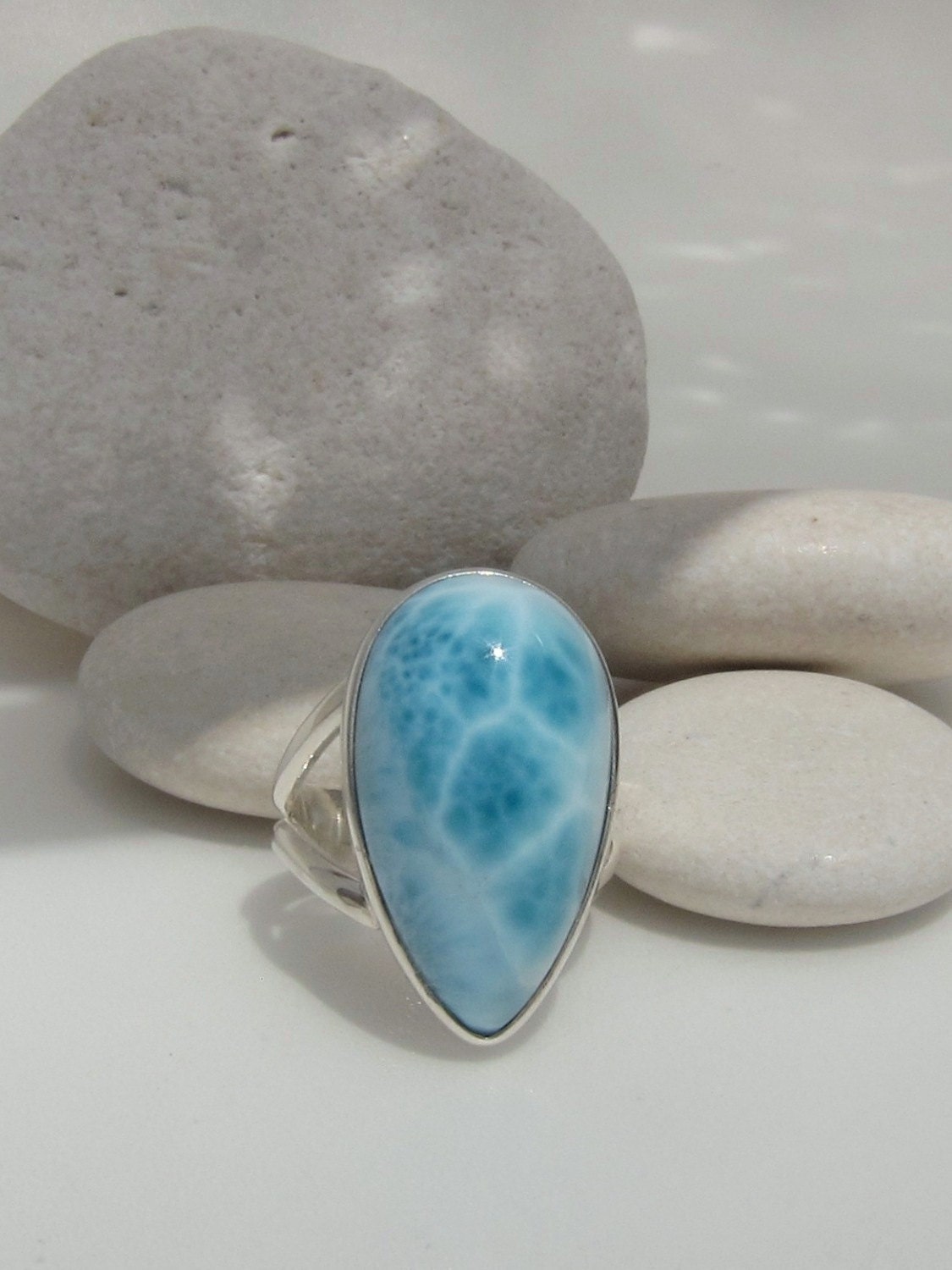 Larimar turtleback ring, Spring Water - lovely translucent Tiffany blue Larimar drop - US 7