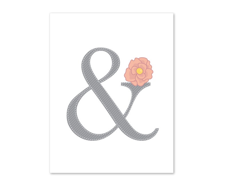 Ampersand Symbol Wall Art Print- Flower -Love - Typographic - Modern Home Decor - Grey and Peach Pastel - Wedding - AldariArt