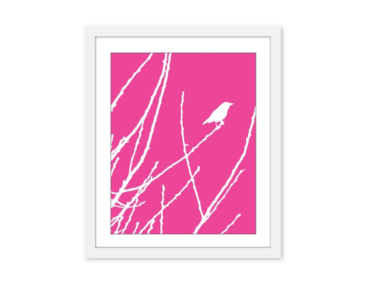 Spring Bird Digital Art Print  Woodland Home Decor Modern - Hot Pink Magenta Fuchsia - AldariArt