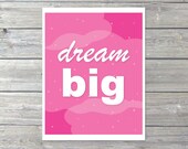 Dream Big - Typography Digital Print - Cloud Stars Wall Art - Hot Pink - Nursery Wall Decor -  Under 20
