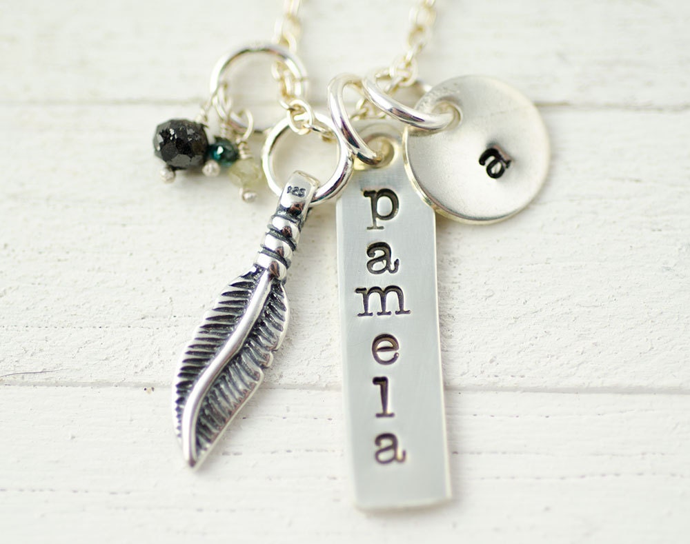 Feather and DIAMOND Bead Personalized Hand Stamped Mother Necklace Silver