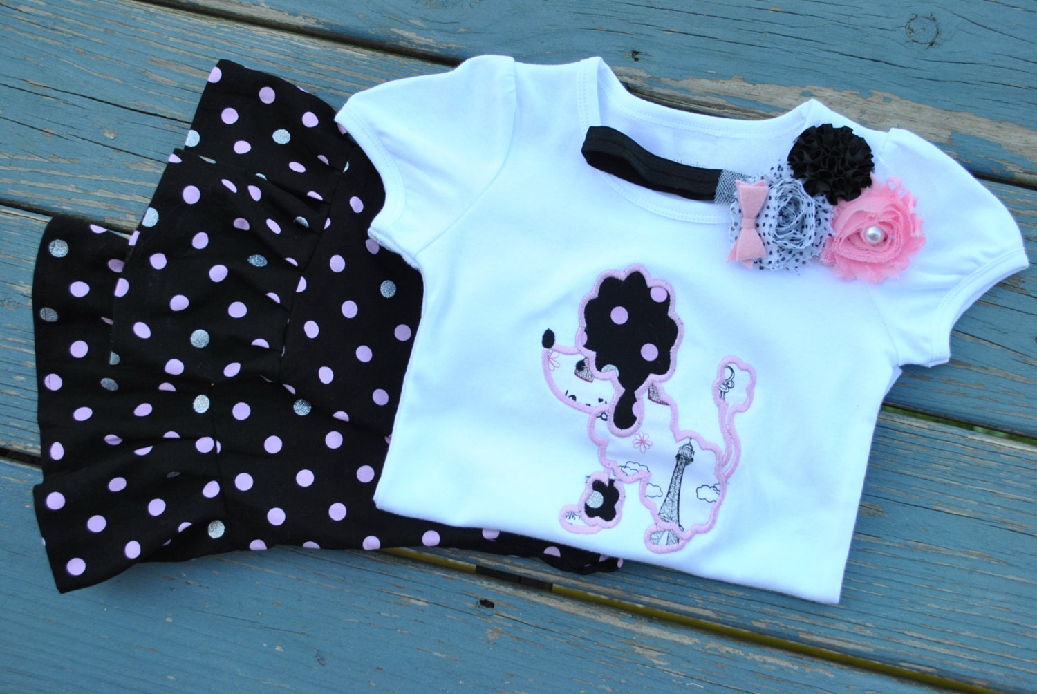 Poodle in Paris Outfit Set - Boutique Custom Toddler baby clothes - Ruffle Pants and Embriodered Shirt 6-12 mo 18 mo 24 mo 2t 3 4 5 6 7 8