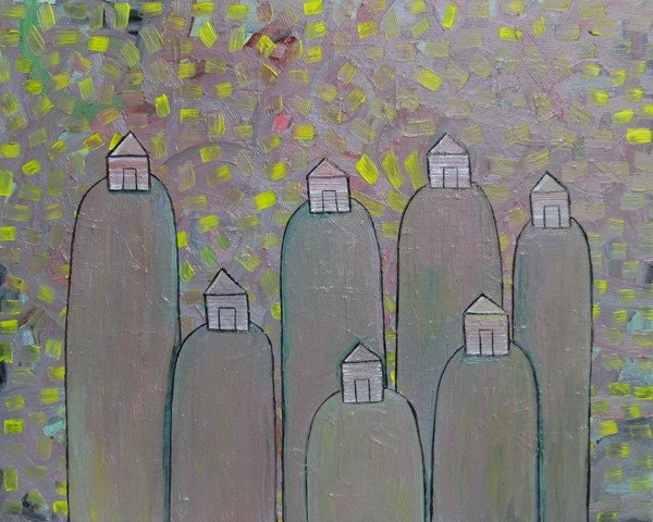 Original Abstract Oil Painting Tiny Houses Home Decor