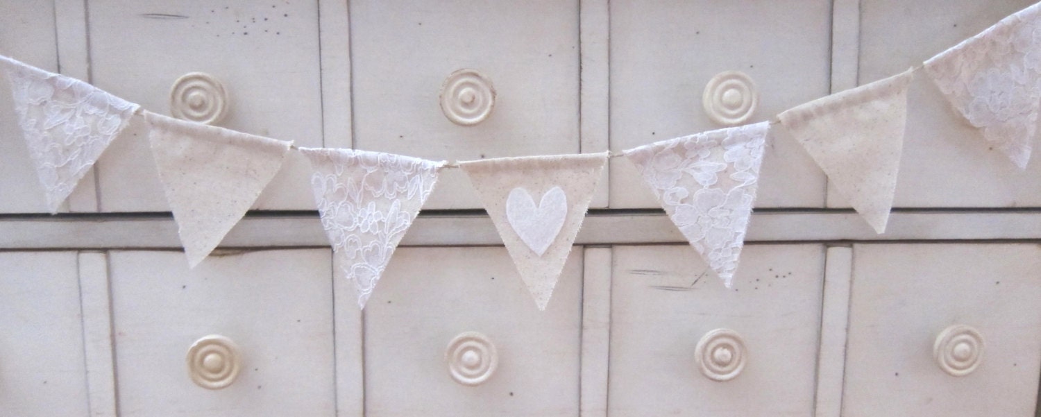 Rustic Linen and Lace Heart Mini Banner for Wedding Shower Party Decor Burlap Twine