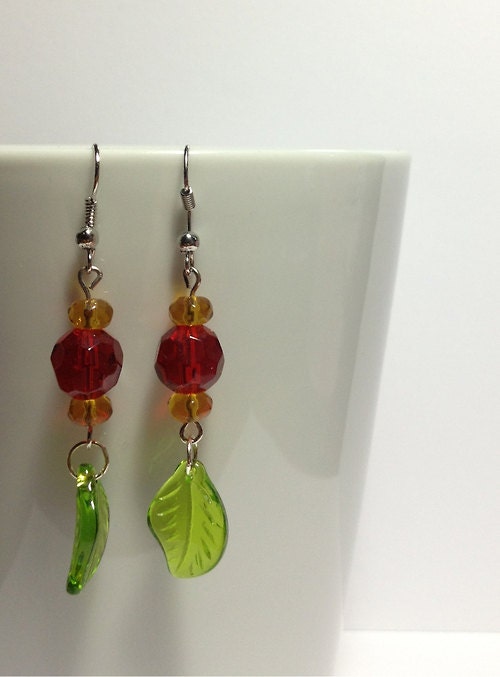 Red and Yellow Flower and Leaf Earrings