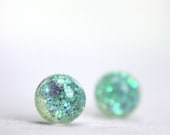 tiny globe earrings in sparkly seafoam green - 5mm - green round post earrings