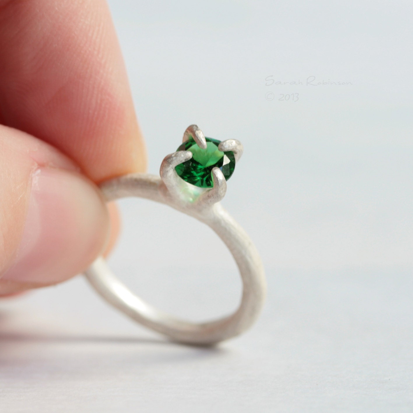 Emerald Prong Ring White Organic Sterling OOAK Soliteire T12