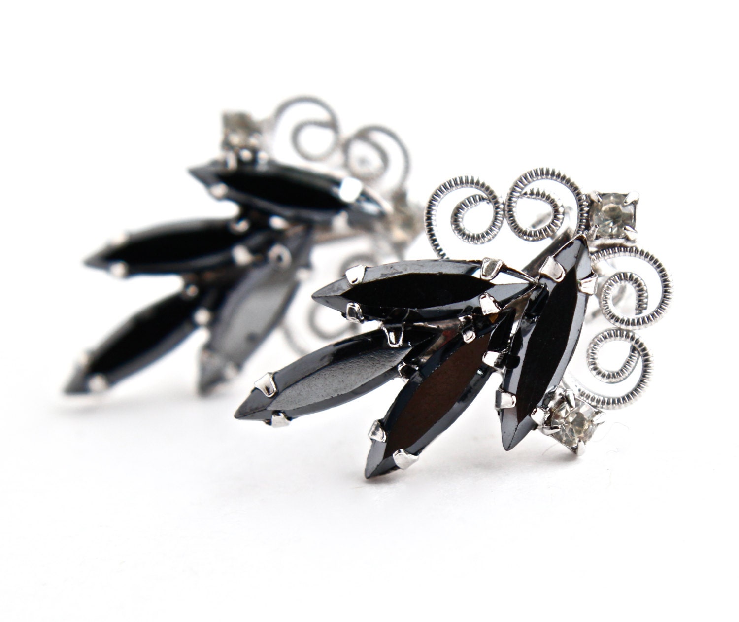 SALE - Vintage Clip On Earrings - Silver Tone Rhinestone Costume Jewelry / Hematite Gray Filigree