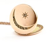 Antique Rhinestone Star Moon Locket Necklace - Edwardian Yellow Gold Filled Round Pendant Signed J.M.F CO / Crescent