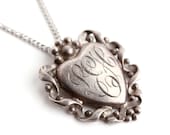 Vintage Initialed Heart Necklace - Sterling Silver Sweetheart Filigree 1940s Jewelry / Sweetheart Monogram