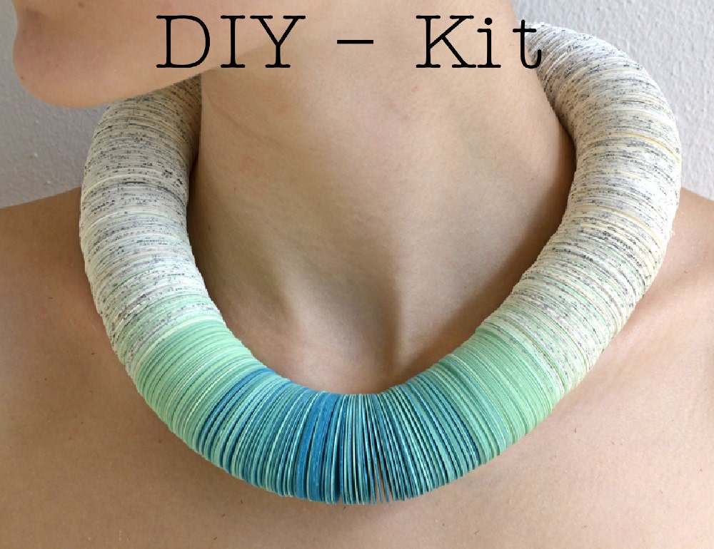 DIY Kit : Necklace made of book pages and papers turquoise
