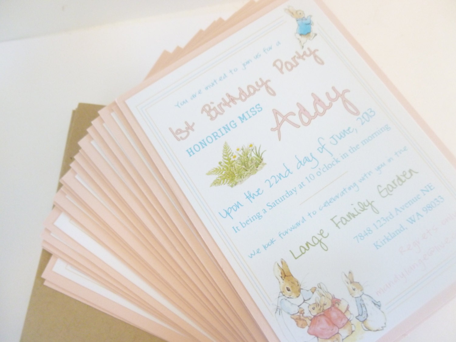 Premium NEW PINK Peter Rabbit Party Invitations - Happy 1st Birthday - Set of 18 - Kraft envelopes included