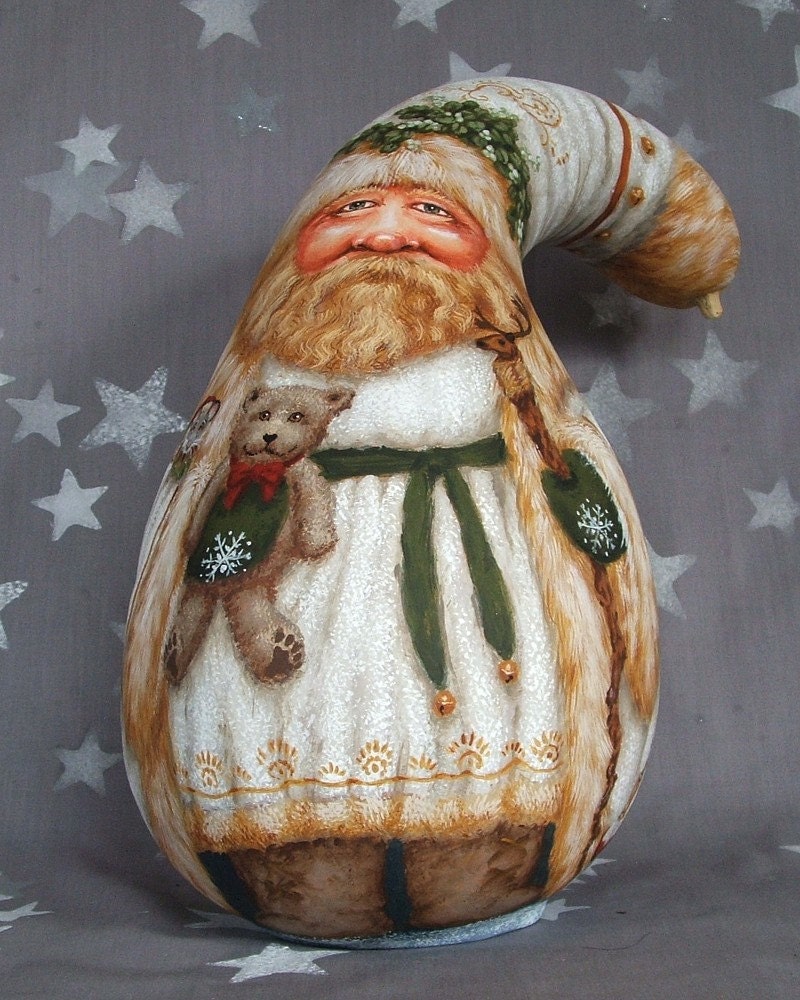 A White Christmas, Santa Claus gourd, hand painted art, elves and reindeer, 10 inches tall