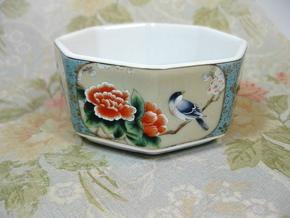 Vintage Asahi Small Octagonal Ceramic Bowl Japan Asian Birds