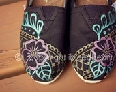 Youth - Floral Lace Brown Henna Custom Painted TOMS Shoes