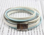 White and baby blue leather wrap bracelet, silver cuff bracelet TS165