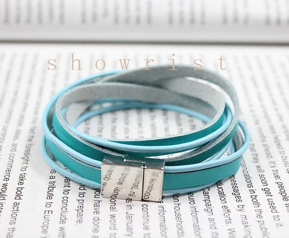 Turquoise and baby blue leather cuff bracelet with magnetic closure TS179