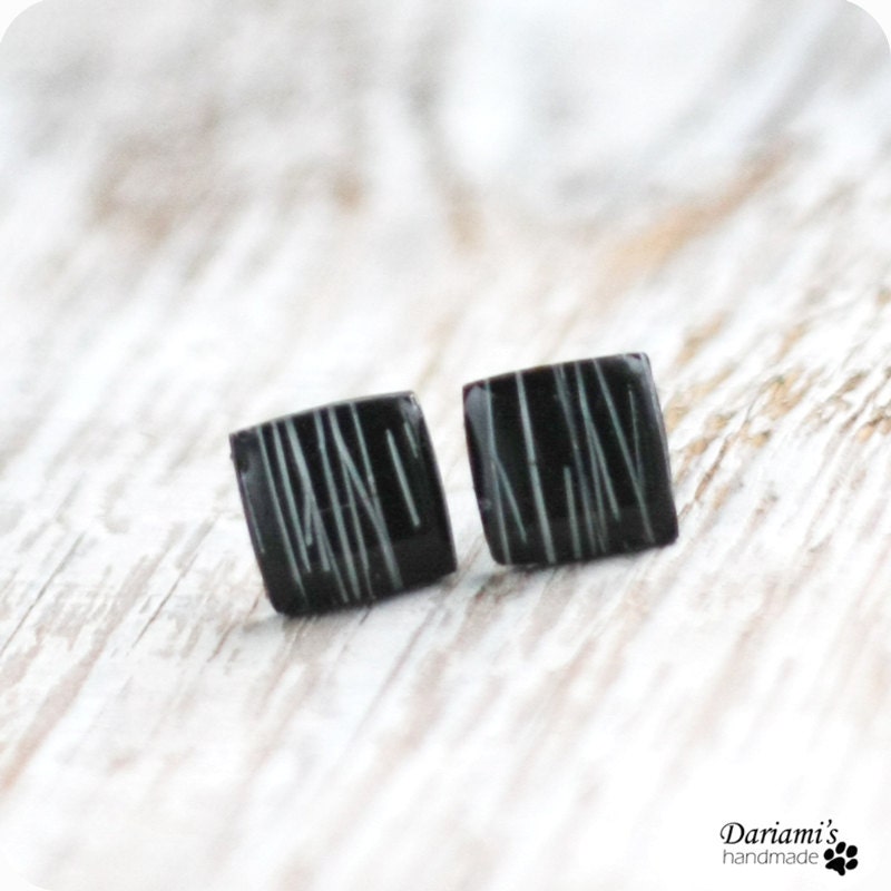 Post earrings - black squares stud earrings - handmade jewelry