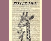 Best Grandma Giraffes Personalized Art Print on Antique 1896 Dictionary Book Page