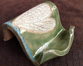 Business Card Holder with DRAGONFLY Stoneware Clay Celadon Green and Turquoise