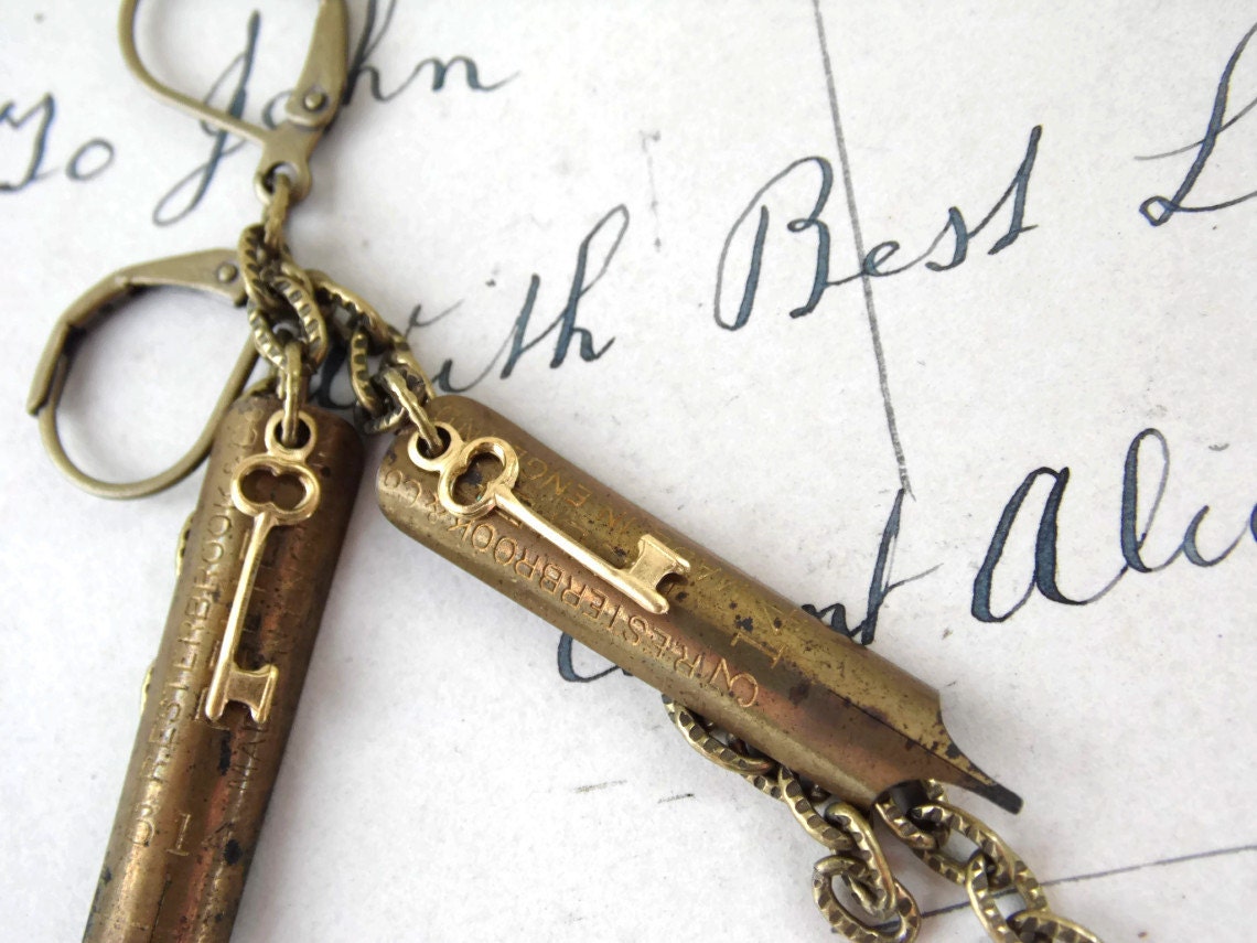 Pen Nib Steampunk Vintage Earrings Key - KEY To The WRITING DESK - steampunk wedding bridesmaids - brass Etsy uk