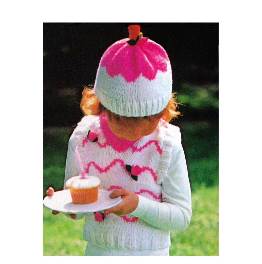 Vintage Knitting Pattern Childs Cupcake Hat Birthday Cake Sweater Digital PDF