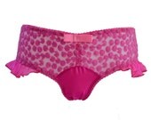 JUNE Neon Pink Floral Embroidered Mesh Hipster knicker, with silk Satin
