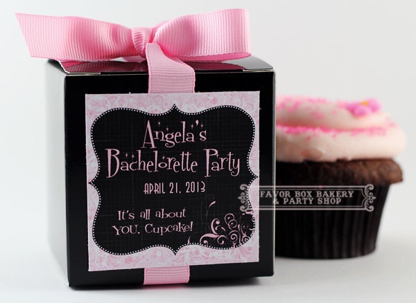Pink and Black Retro Swirls...One Dozen Bachelorette Party Cupcake Mix Favor Boxes