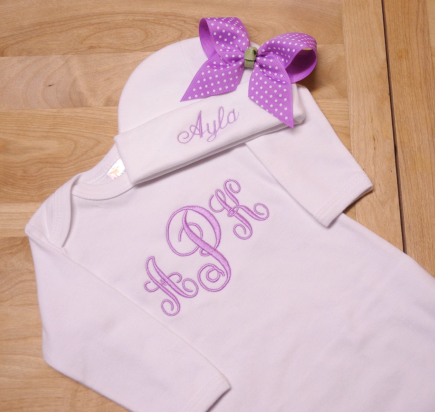 White Baby Gown and Hat with Light Purple Monogram, Name and Bow