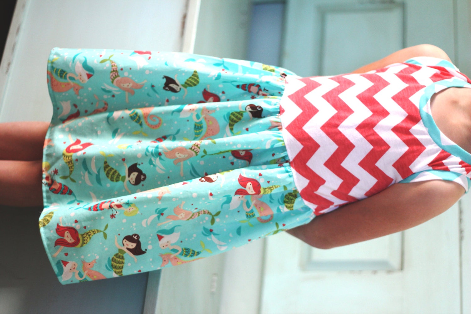 SOLD OUT Girls Mermaid dress - coral chevron and aqua mermaids - birthday dress - 12m 18m 2t 3t 4t 5t 6t 7 8 10