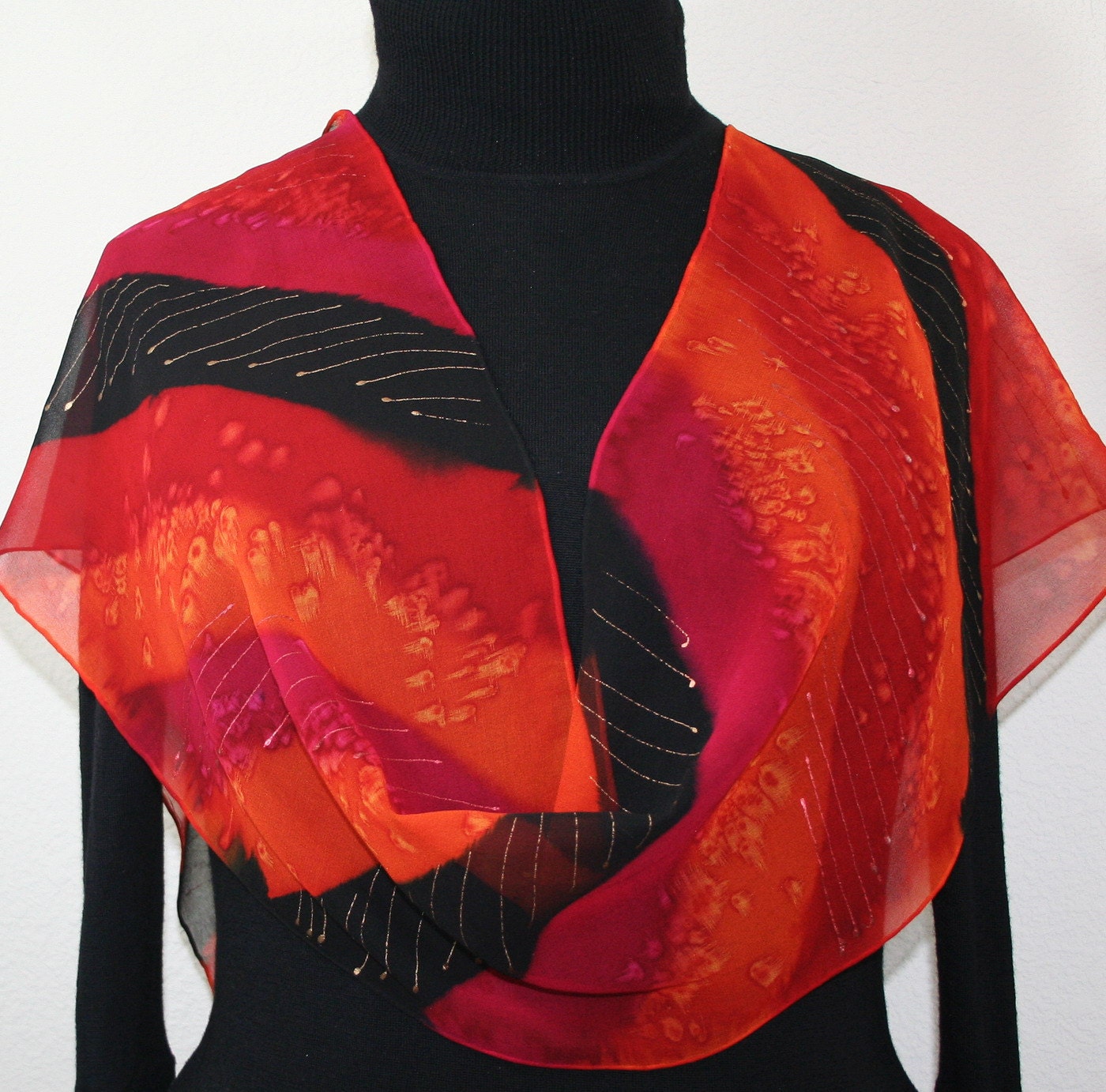 Hand Painted Silk Scarf Passion Tango. Scarf in Red, Black, Orange. Size 11x60. Silk Scarves Colorado. 100% silk. MADE TO ORDER.