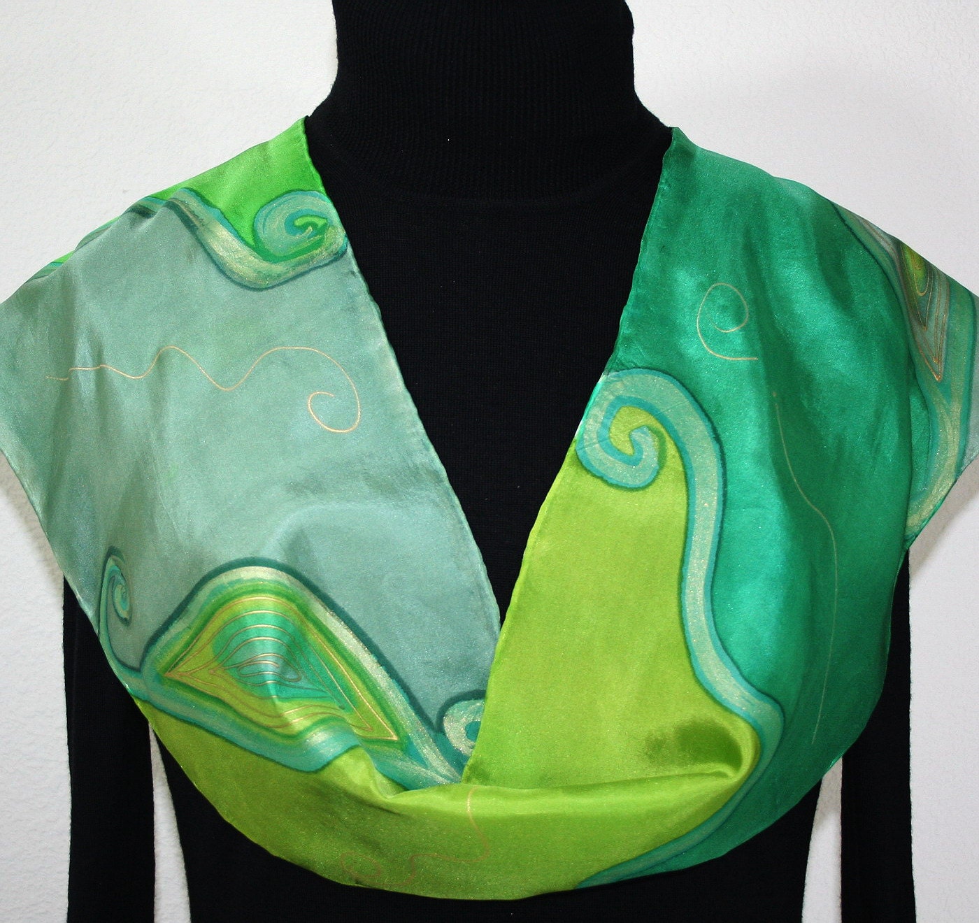 Hand Painted Silk Scarf Sunrise Stroll. Silk Scarf in Green, Lime and Steel Green. Size 8x52. Made in Colorado. 100% silk. MADE TO ORDER.