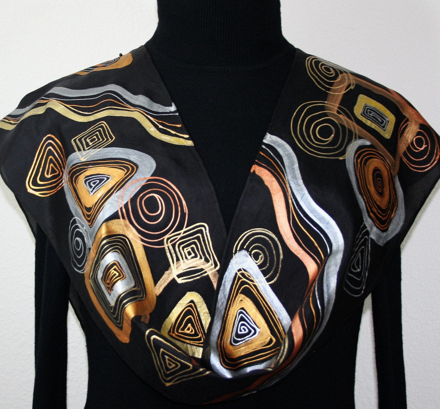 Hand Painted Silk Scarf Black Jewel. Silk Scarf in Black, Silver, Gold, Bronze. Size 8x52. Made in Colorado. 100% silk. MADE TO ORDER