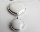 Handmade Opaque White, Opal Stained Glass Necklace, Stainless Steel Choker, Double Tier, Wedding Jewelry