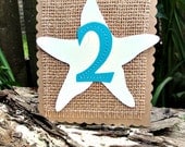 Beach Wedding Burlap Table Number Tent Cards, Sewn Rustic set of 20, Custom Colors