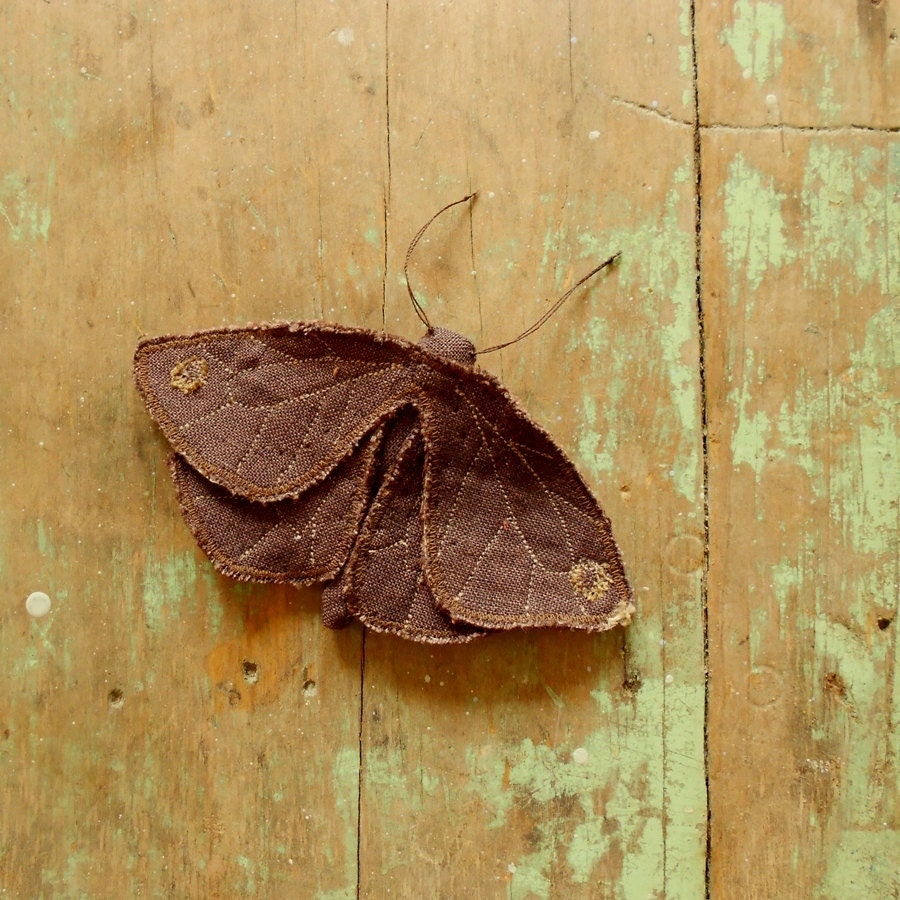 Small fabric moth, plum, recycled linen, brooch pin