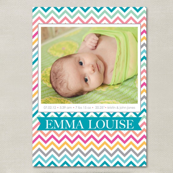 Happy Chevron Custom Photo Birth Announcement (Digital or Printed)