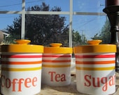 vintage Mod Colors Yellow, red, orange Canister Storage Set for Coffee, Tea, Sugar