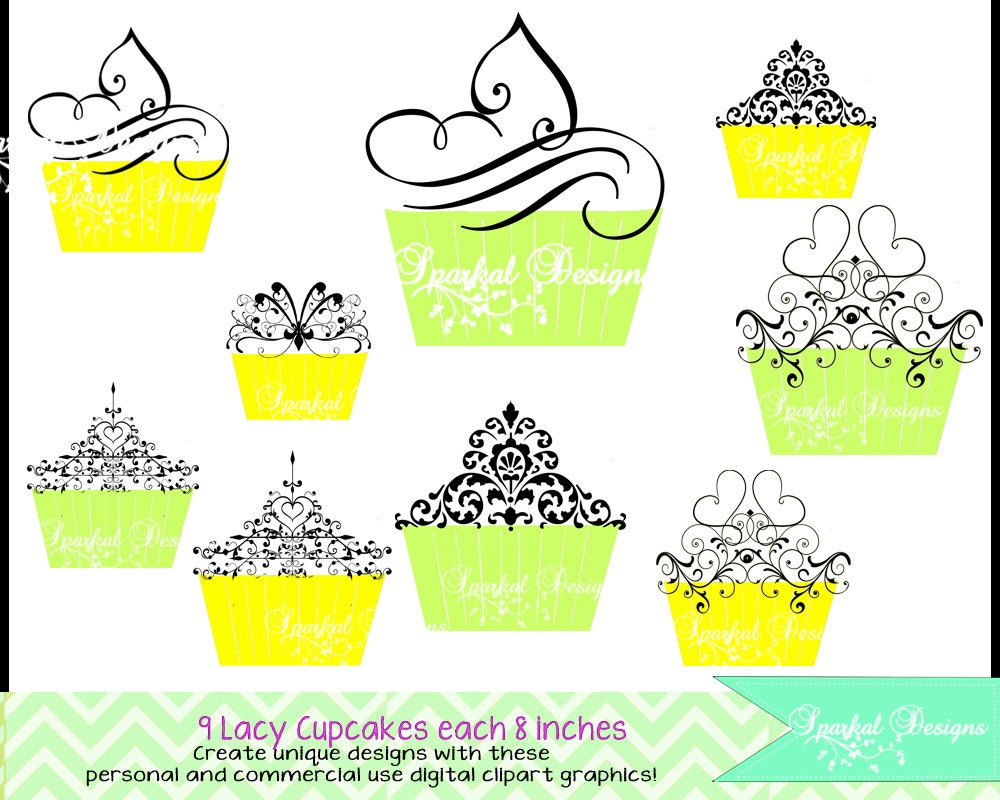 Lacy Cupcake Clipart Cupcake clip art Birthday Invitation ClipArt Digital Scrapbook party Decoration Clipart Instant Green Yellow cupcakes Il_170x135
