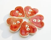 Handmade Pottery Ceramic Rustic Red Heart Buttons Set of Five 5 Romantic Romance Valentines Day Couture