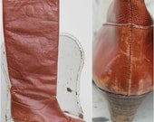 30% OFF. 1960's. leather. cognac brown. knee high. vintage boots. Sz 6.